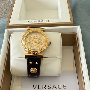 Versace Women's Watch with Gold Dial and Black Strap